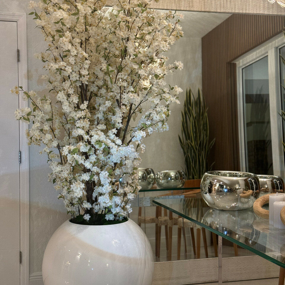 30' Glossy White Globe Vase with White Cherry Blossom Branches