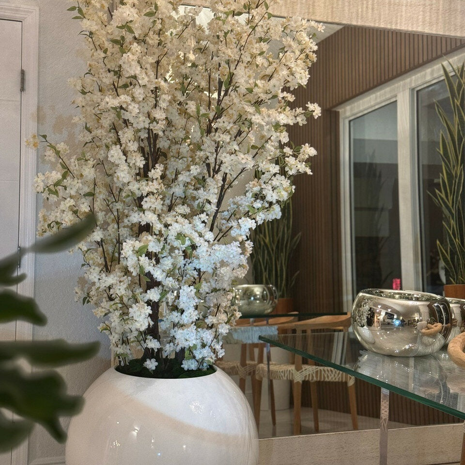 30' Glossy White Globe Vase with White Cherry Blossom Branches
