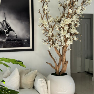 White Magnolia Tree in Glossy White Globe Pot, 76 cm